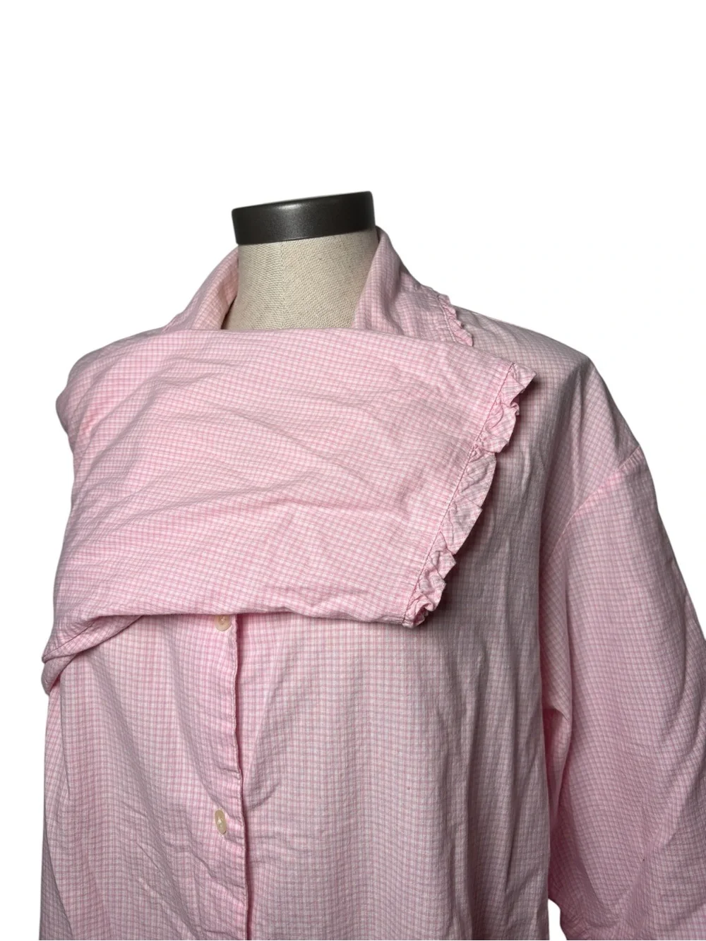 Ralph Lauren Pink Gingham Cotton Sleep Shirt Nightgown Large Ruffle Collar